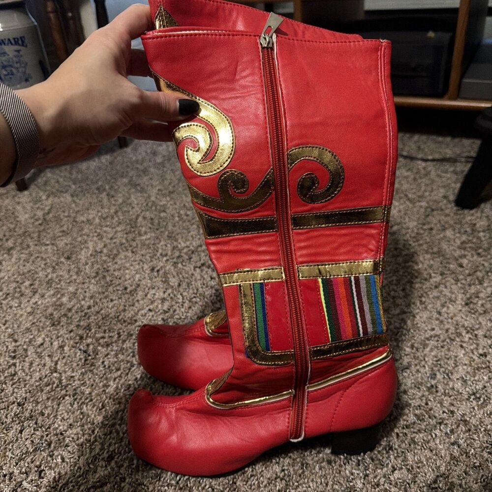Tibetan Dance Boots Red Leather Block Heel Ethnic Stage Shoes EU 36